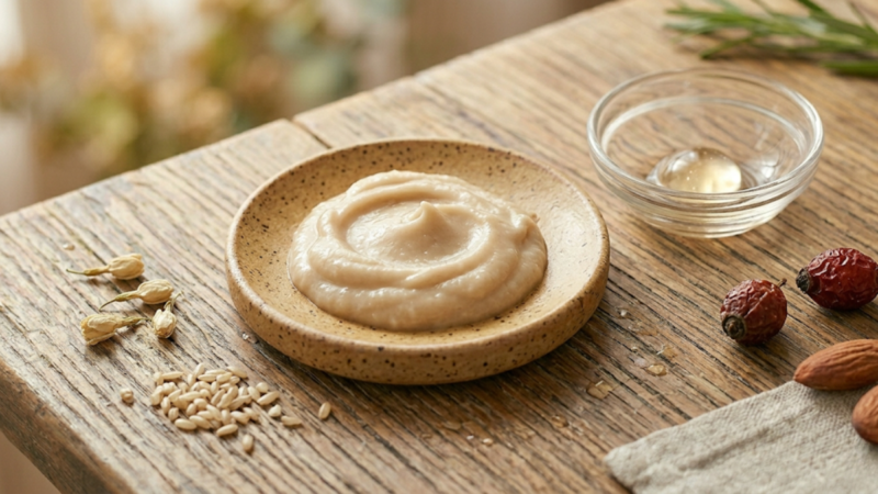 発酵導入美容液のテクスチャー。オーガニック成分（米ぬか・大豆発酵液）配合で、浸透力の高さを感じさせる柔らかな質感を伝える寄り画像。