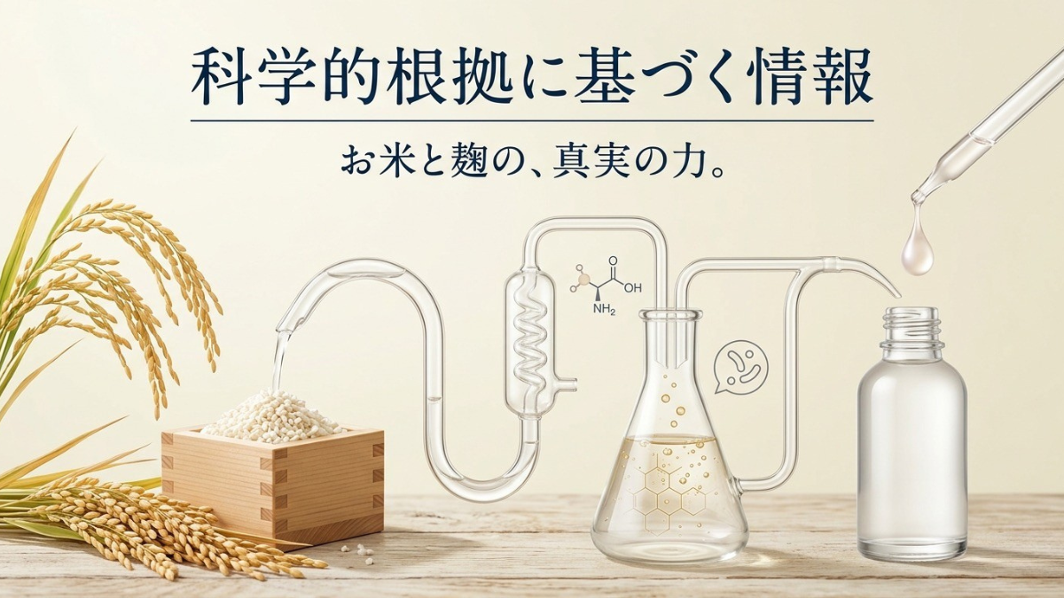 科学的根拠に基づくスキンケア情報のイメージ画像。お米から成分が抽出され、発酵を経て美容成分へと変わるプロセスを表現したミニマルなラボの風景。