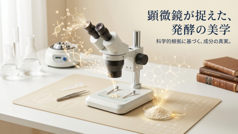 顕微鏡でお米の成分を分析している様子を表現したイメージ画像。科学的なスキンケア成分の探求と発酵のメカニズムを象徴するデザイン。