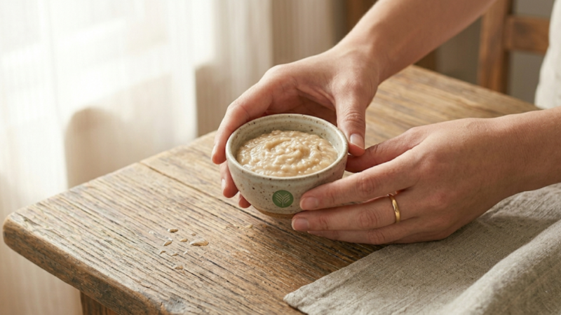 米ぬかや大豆発酵成分をボウルで丁寧に混ぜ合わせている様子。オーガニック派のための美容液成分へのこだわりを表現したイメージ