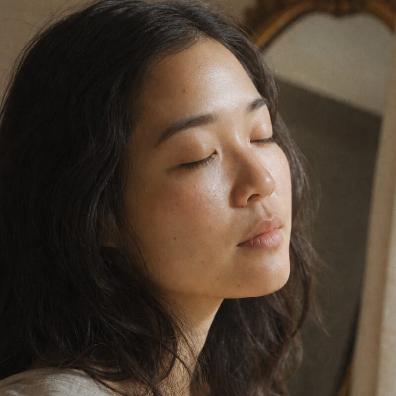 目を軽く閉じて穏やかな表情をする日本人女性のポートレート。ンチュラルスキンケアの芳香を楽しむリラックスタイムを表現。