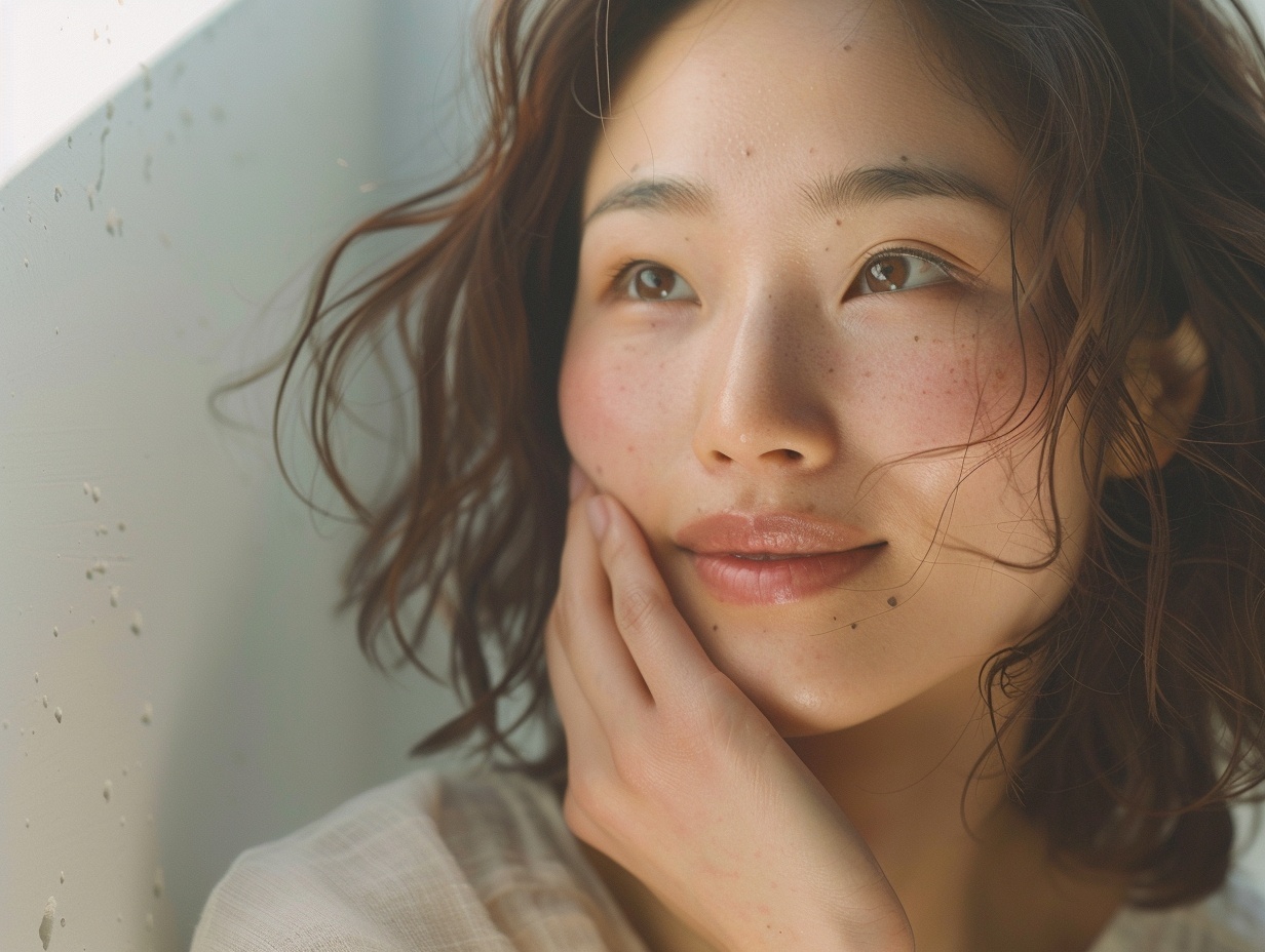 スキンケア後に頬に触れる女性