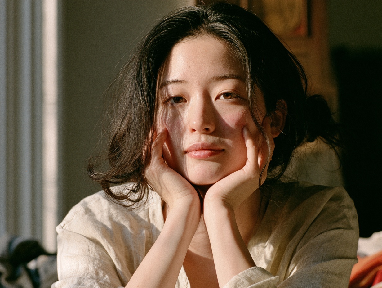 窓辺の光の中、両手を頬に添えて正面を見つめる女性のポートレート。たるみ・ほうれい線の原因を考える導入イメージ