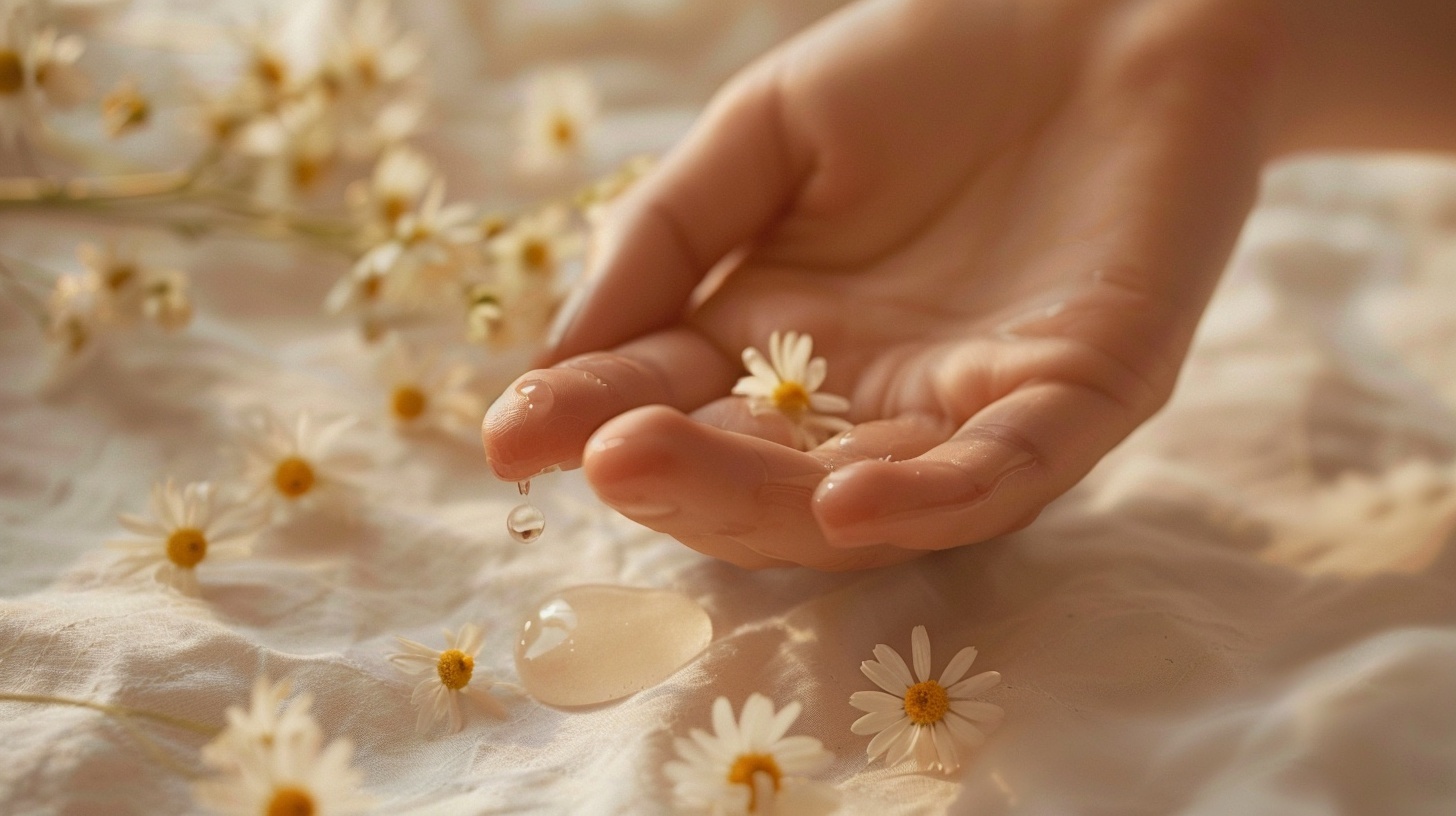 カモミールの花に囲まれながら、手のひらに乳白色の美容液を一滴落とす手元の写真。オーガニック成分を実際に試すイメージ