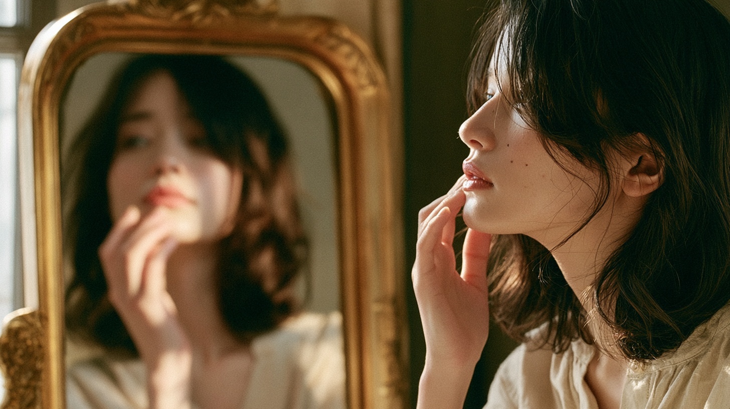 アンティークミラーの前で頬からフェイスラインに指先でそっと触れる女性の横顔。鏡を覗き込んでたるみ・ほうれい線が気になる瞬間のイメージ
