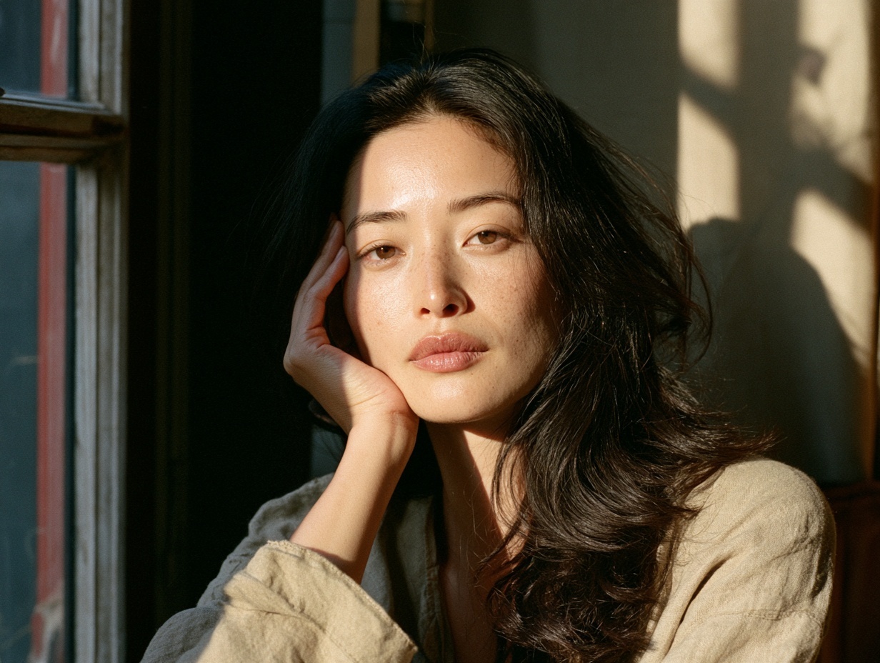 窓辺で頬に手を添える30代女性のポートレート