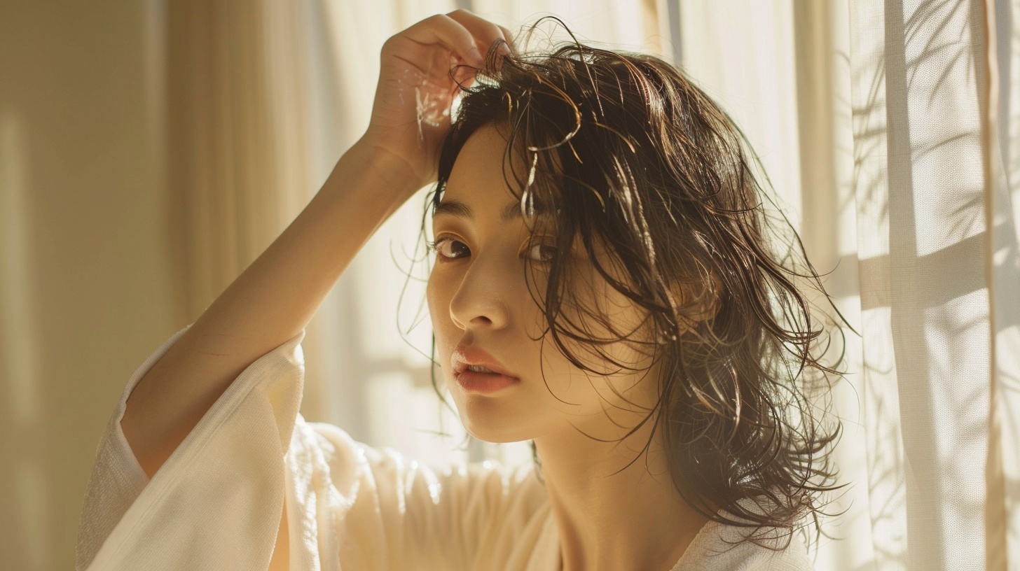 NUXEプロディジューオイルを髪になじませる女性