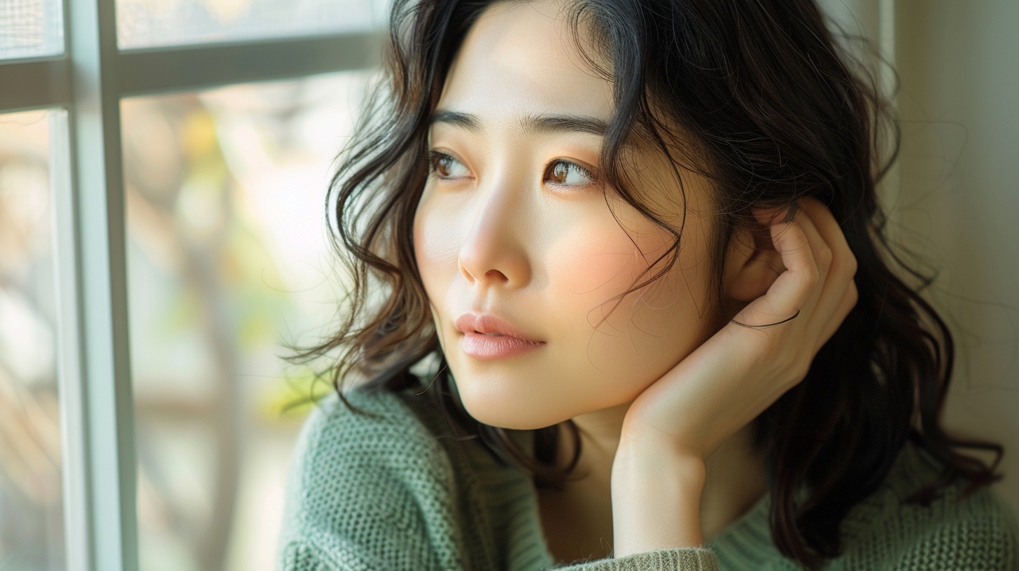 セージグリーンのニットを着た女性が窓辺で、自分の頸あたりにそっと手を添えているポートレート。ご自身のくすみタイプを確認する導入イメージ