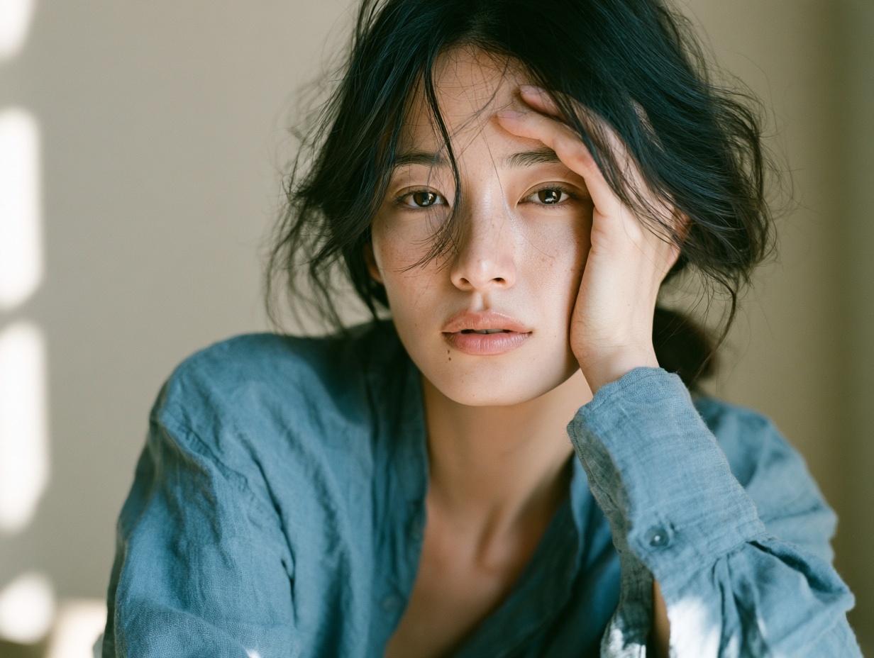 額に手を添えて正面を見つめる女性のクローズアップポートレート。混合肌のテカリと乾燥が同時に起こる理由を考える導入イメージ