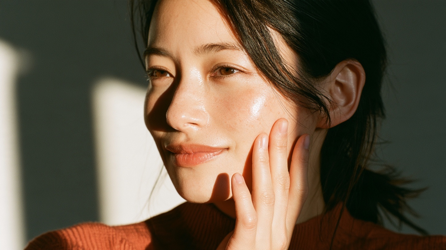 頬にそっと触れて自然なツヤ感を確かめる女性