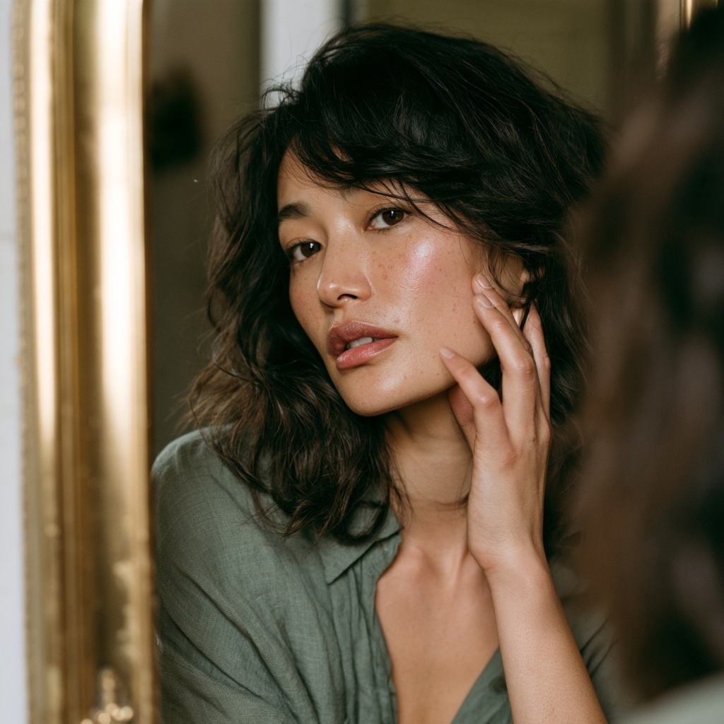 鏡の前で頬に指先をあて、肌の調子を確かめる女性