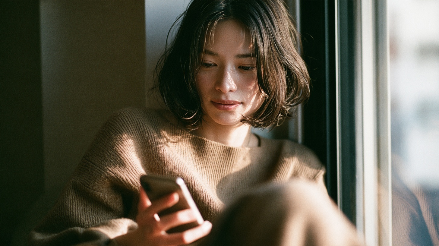 窓辺でスマートフォンを見ながら「黒麹発酵液」について気になっている女性