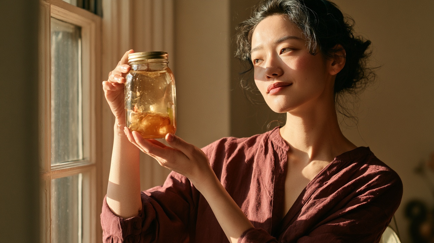 窓辺の光の中で、発酵の様子が見えるガラスの保存瓶を手に取り見つめる女性。発酵×オーガニックの新常識を象徴するイメージ