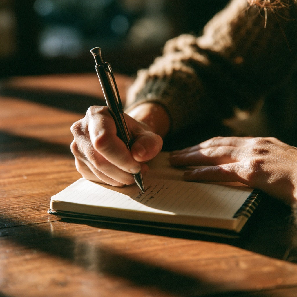 ノートにペンで書き込む手元、ポイントをまとめているイメージ