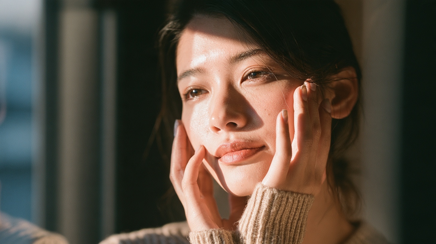 窓辺の光の中、頬に両手を当ててゆらぎ肌の調子を確かめる女性