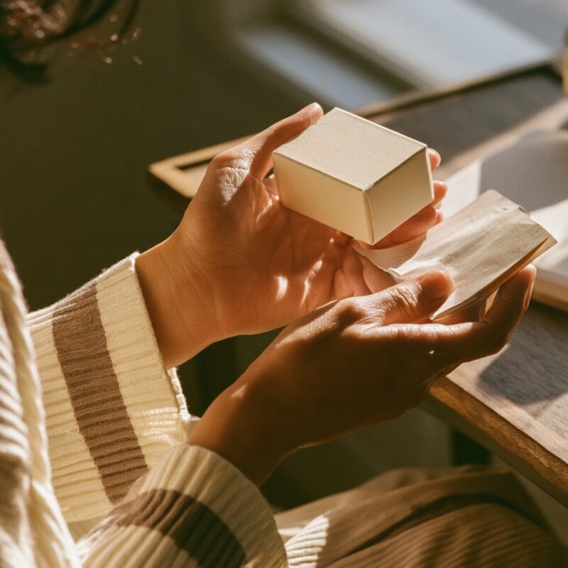 化粧品の外箱を手のひらで裏返し、折りたたまれた説明書を確かめる手元